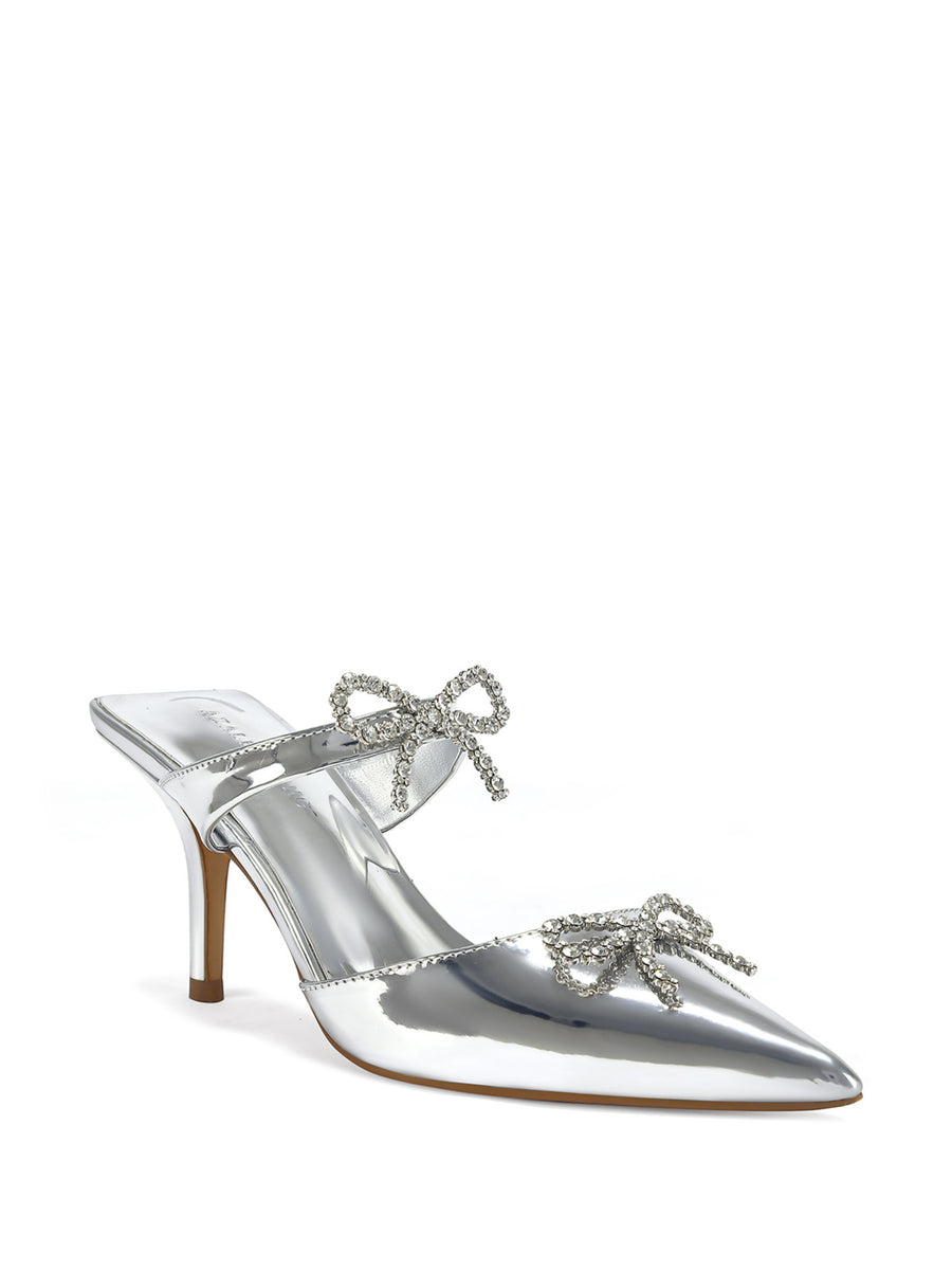silver slip on kitten heels with crystal embellished bow accents on the upper