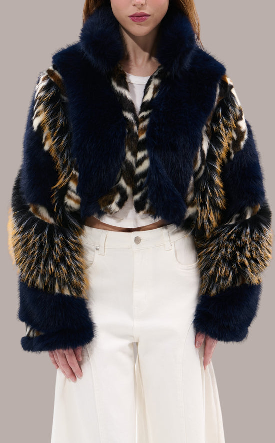 CHIARA-NAVY CROPPED FAUX FUR JACKET