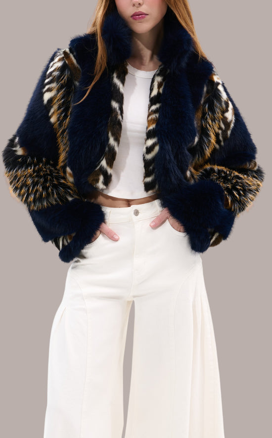 CHIARA-NAVY CROPPED FAUX FUR JACKET
