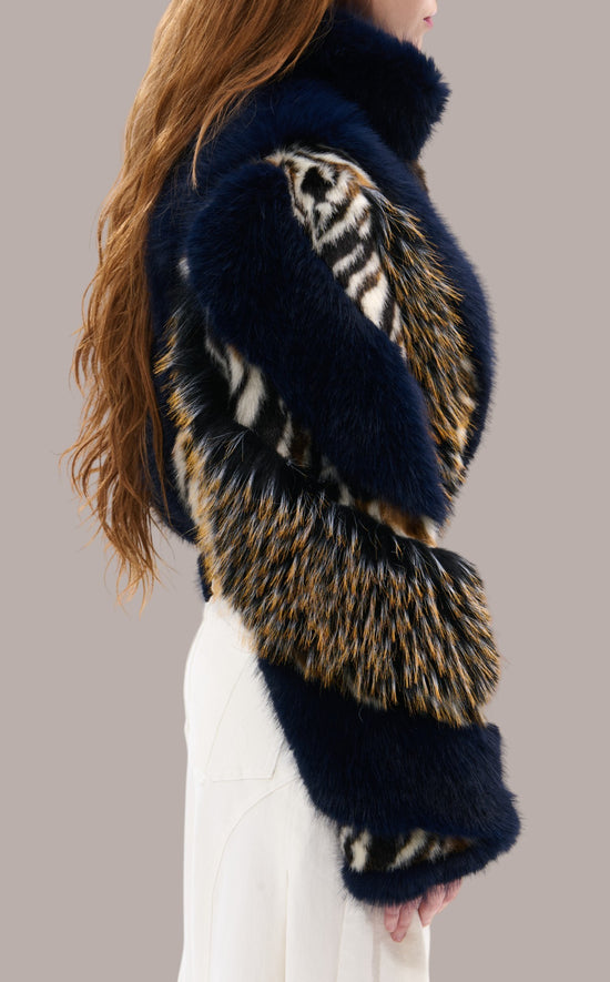 CHIARA-NAVY CROPPED FAUX FUR JACKET