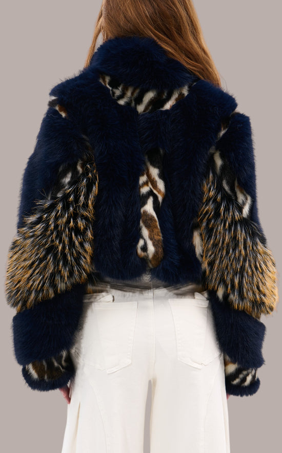 CHIARA-NAVY CROPPED FAUX FUR JACKET