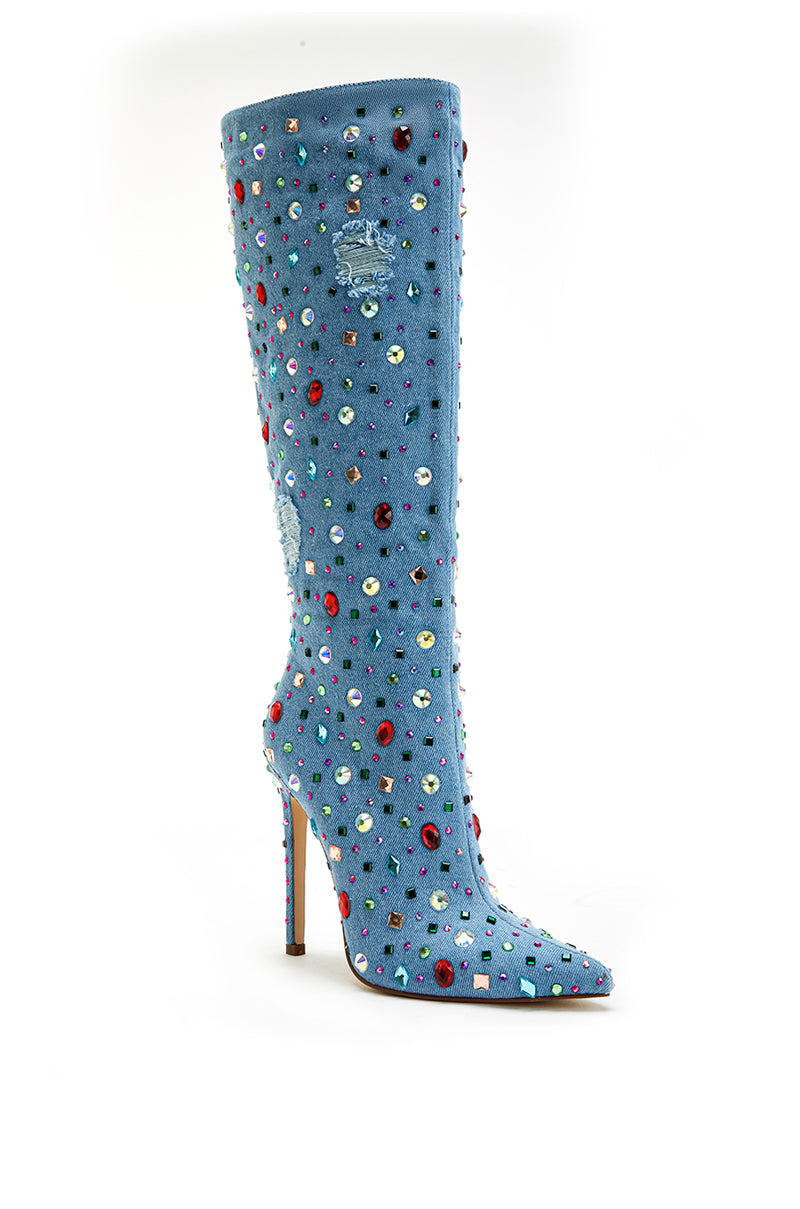 pointed toe denim boots with  multicolored gem details and distressed denim patches