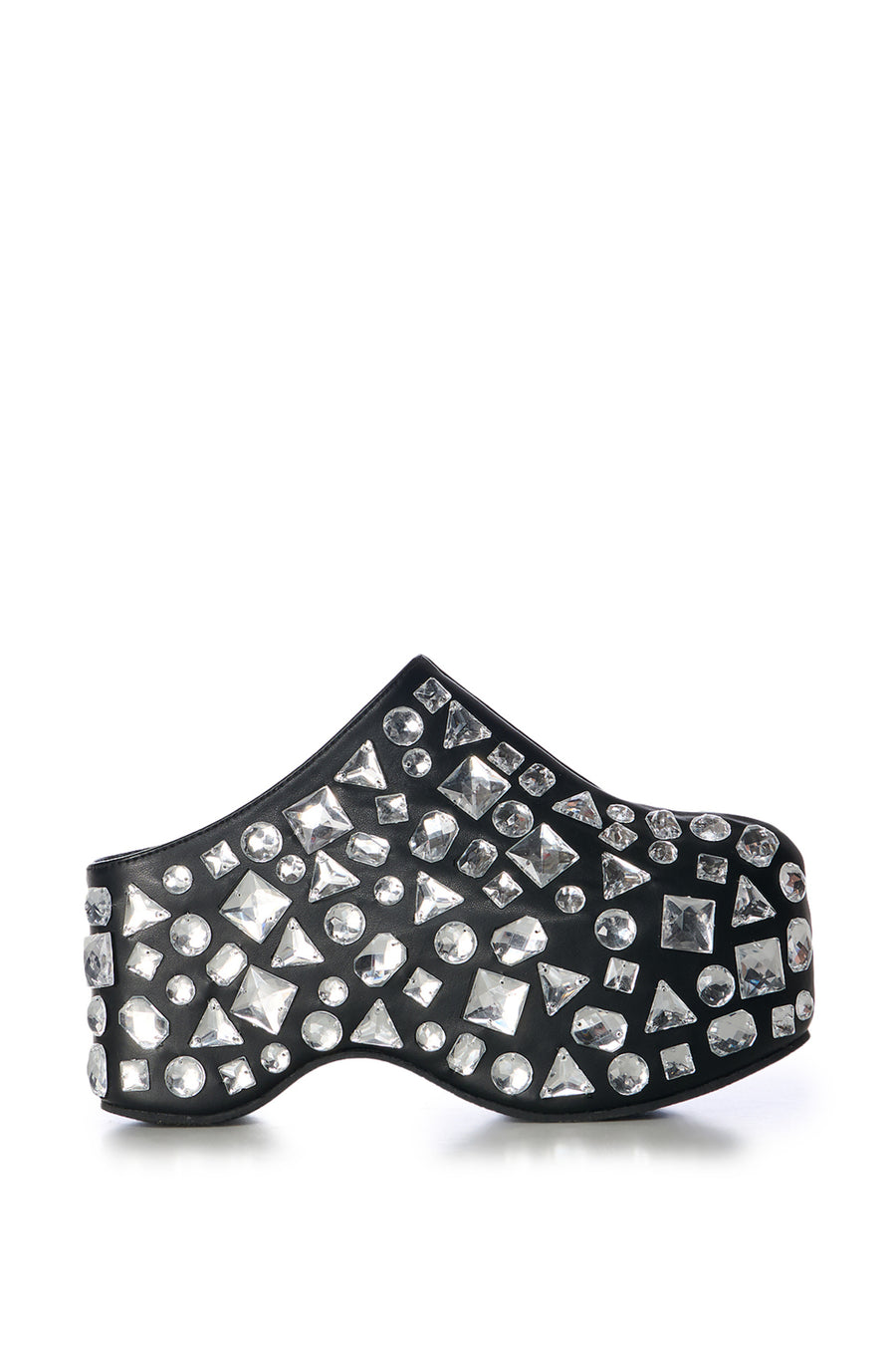 black faux leather platform slip on clogs with chunky geometric rhinestone embellishments all over the upper