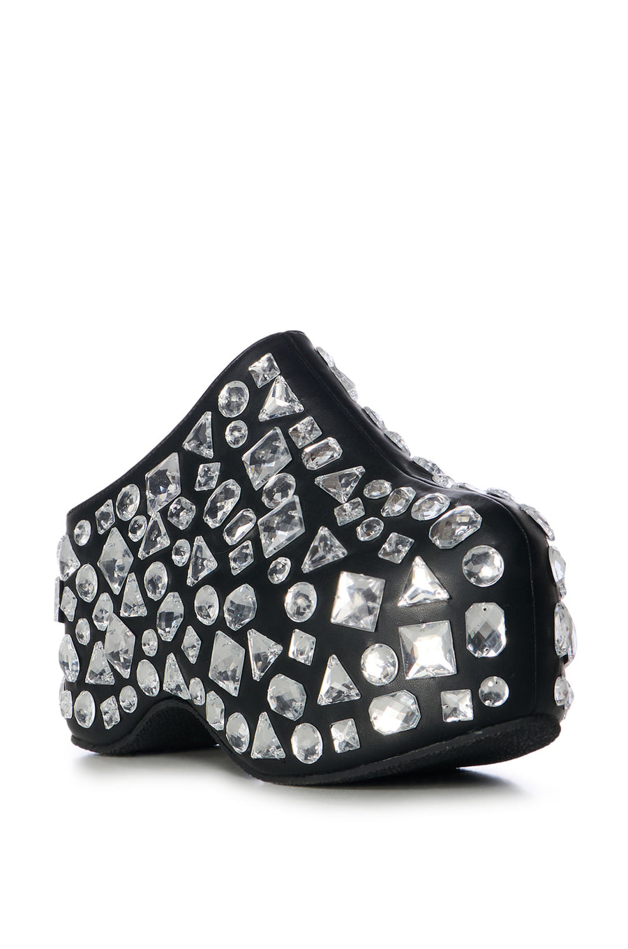 black faux leather platform slip on clogs with chunky geometric rhinestone embellishments all over the upper