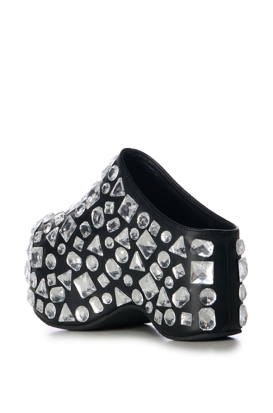 black faux leather platform slip on clogs with chunky geometric rhinestone embellishments all over the upper