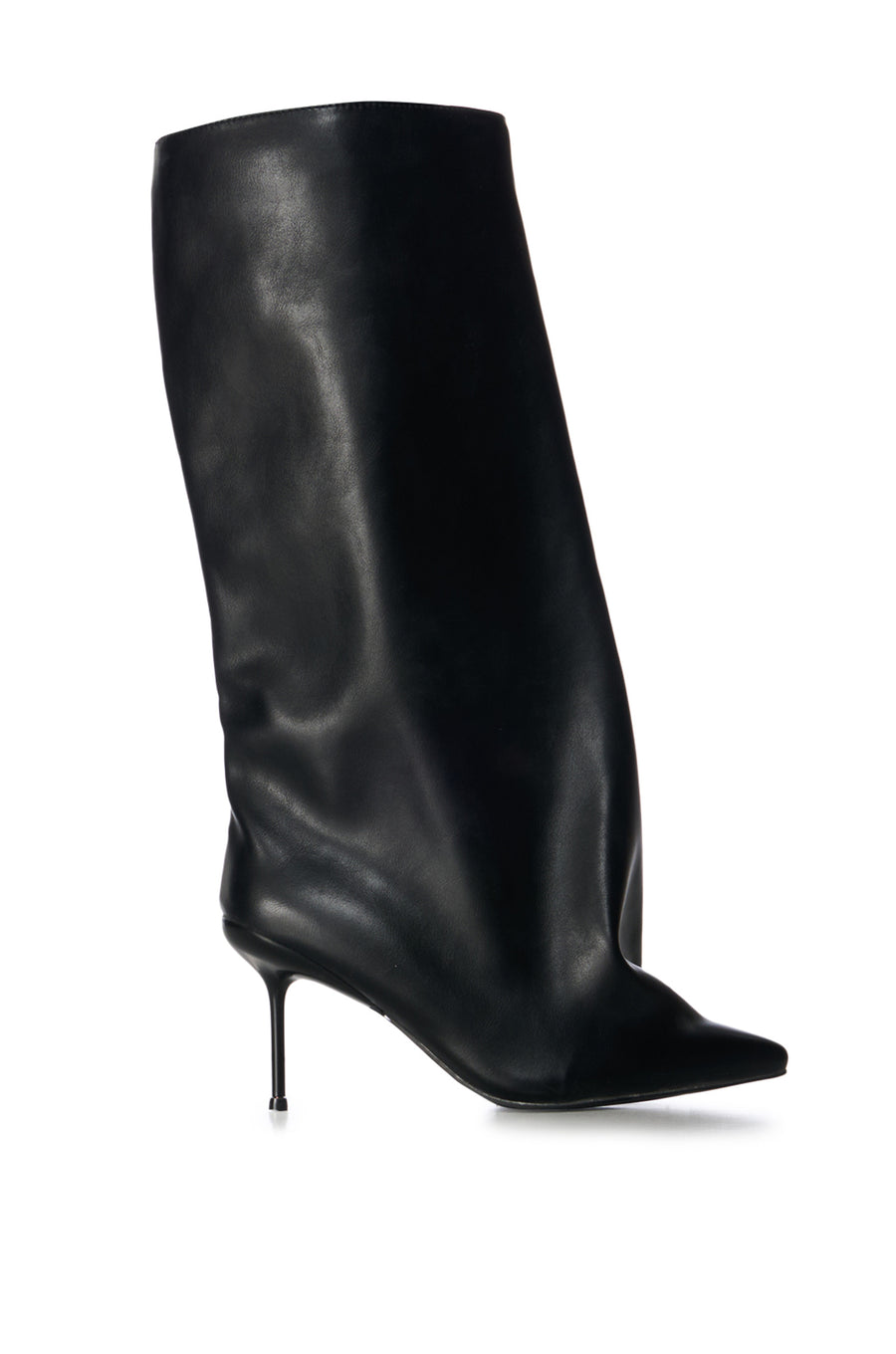 black faux leather statement stiletto boots with a mid calf length and a slouched sculptural silhouette on the shaft