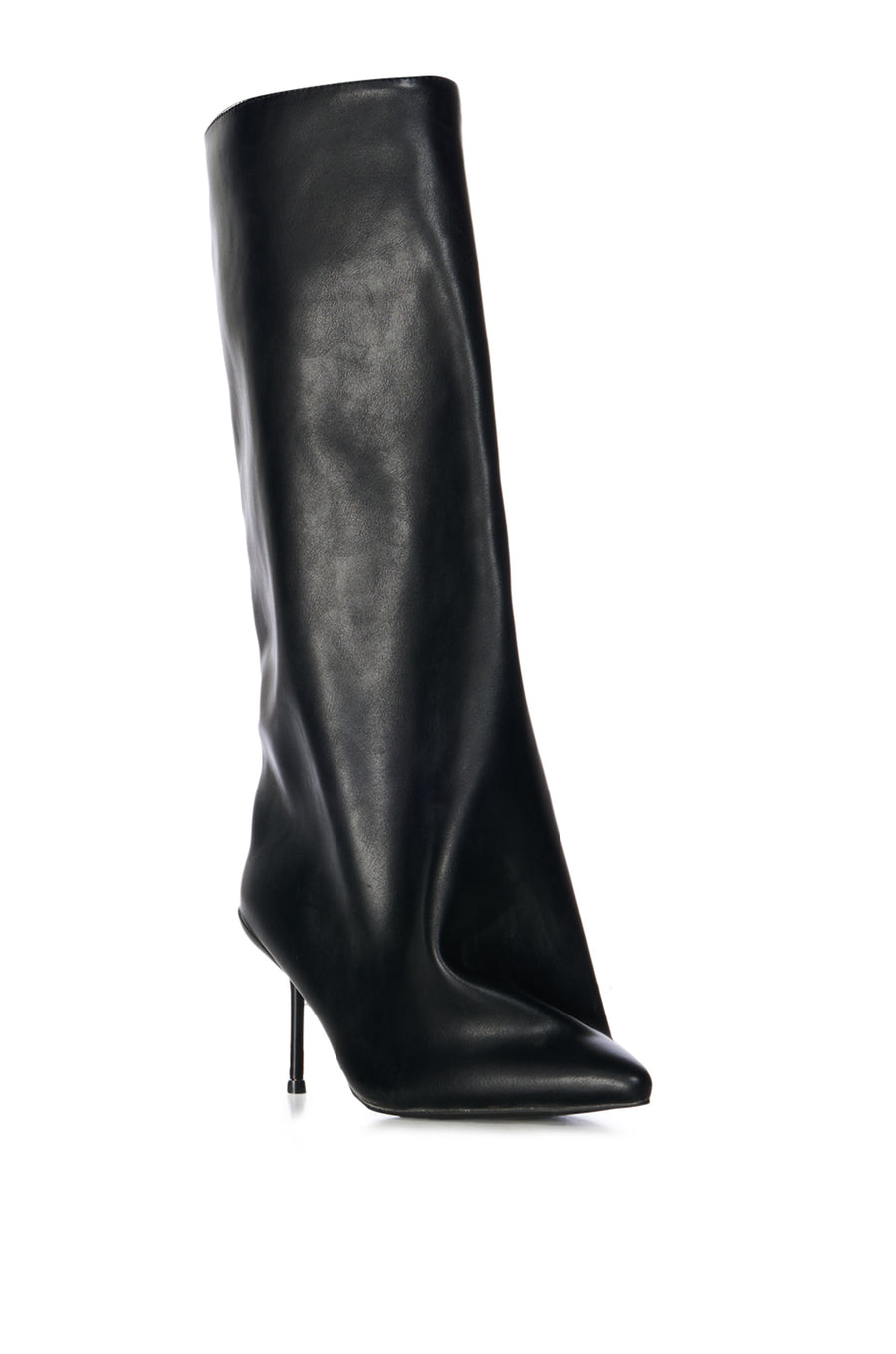 angled view of black faux leather statement stiletto boots with a mid calf length and a slouched sculptural silhouette on the shaft