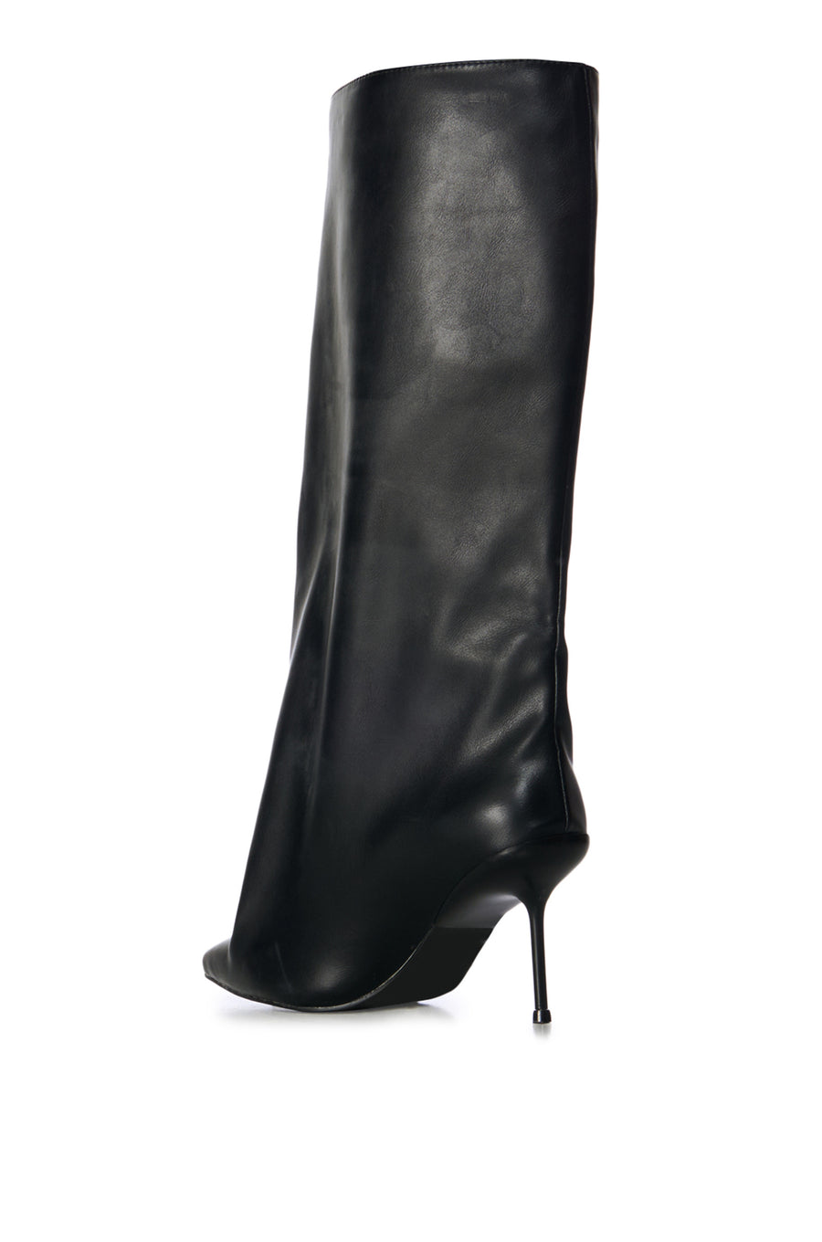 back view of black faux leather statement stiletto boots with a mid calf length and a slouched sculptural silhouette on the shaft