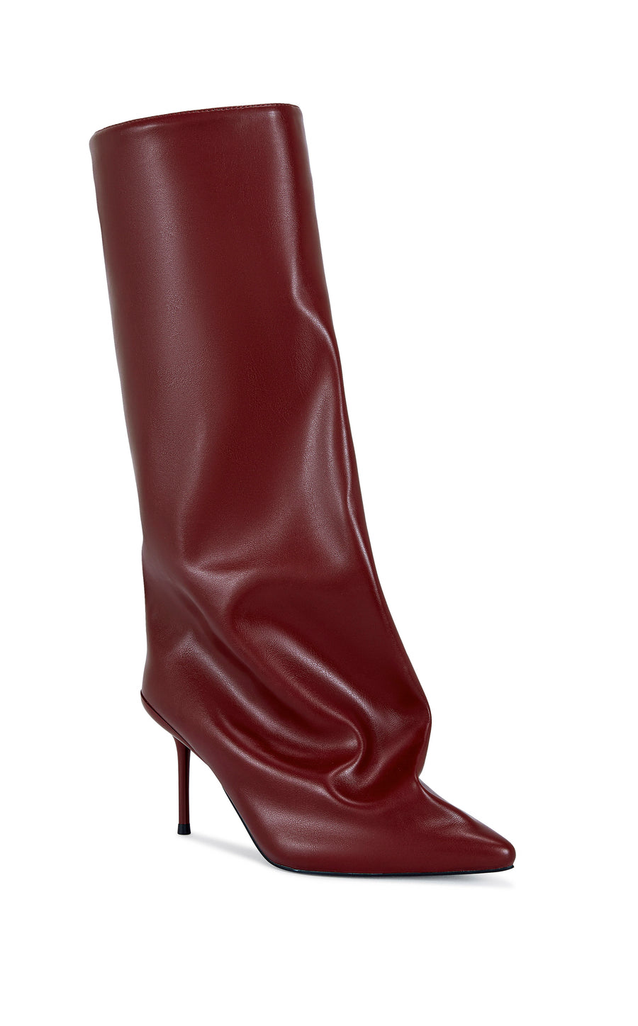 wine red faux leather knee high boot with a pointed toe, stiletto heel, and a slouched shaft