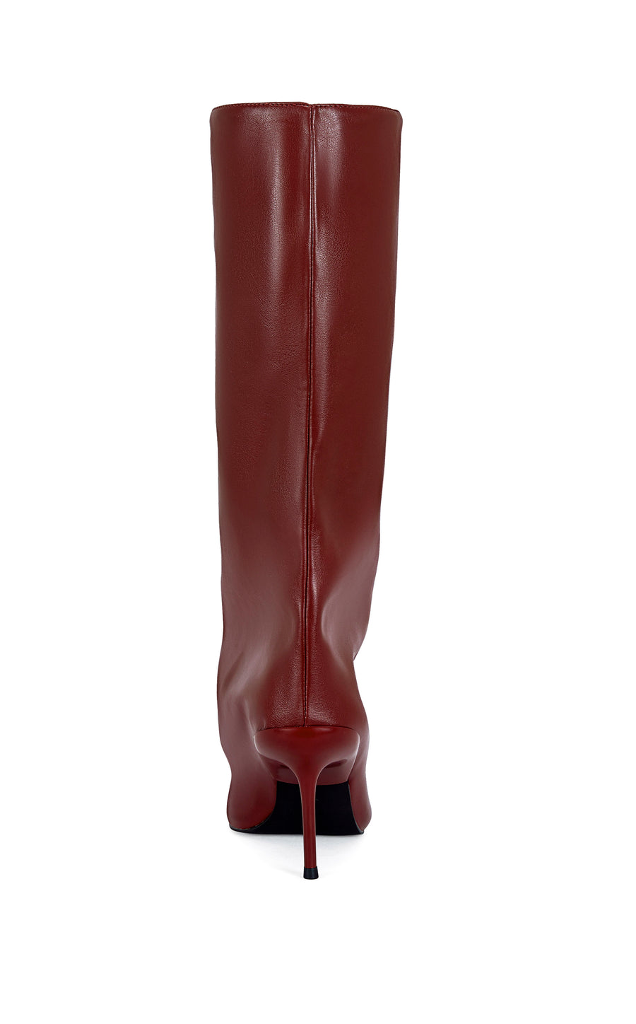 wine red faux leather knee high boot with a pointed toe, stiletto heel, and a slouched shaft