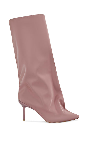 taupe liquid lux knee high boot with a pointed toe, stiletto heel, and a slouched shaft