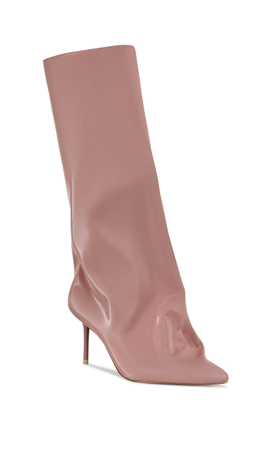 taupe liquid lux knee high boot with a pointed toe, stiletto heel, and a slouched shaft