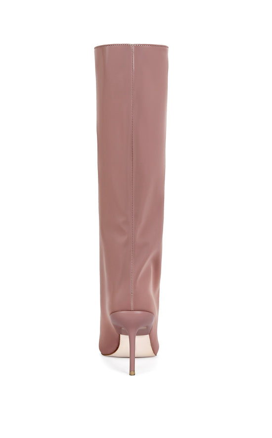 taupe liquid lux knee high boot with a pointed toe, stiletto heel, and a slouched shaft
