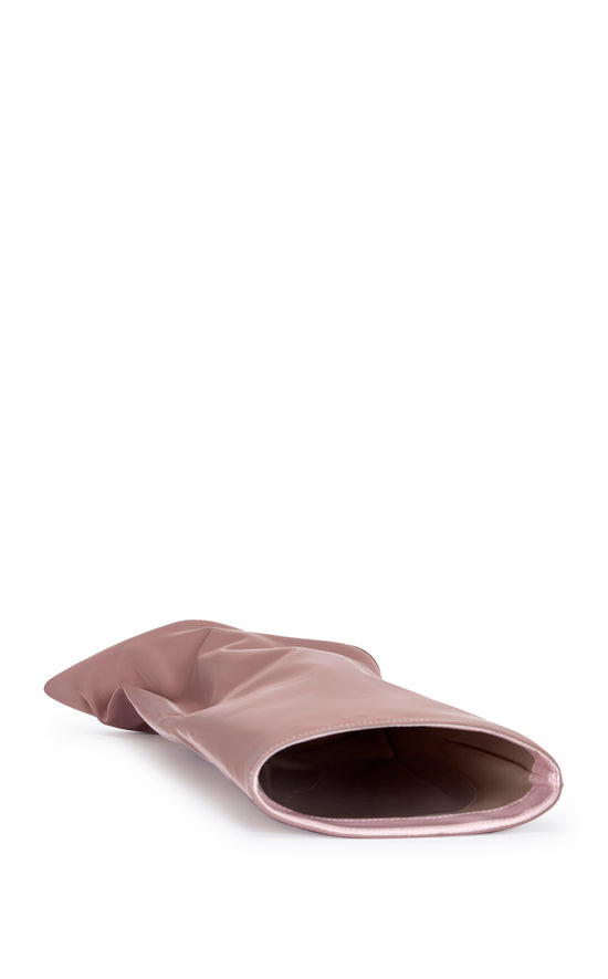 taupe liquid lux knee high boot with a pointed toe, stiletto heel, and a slouched shaft
