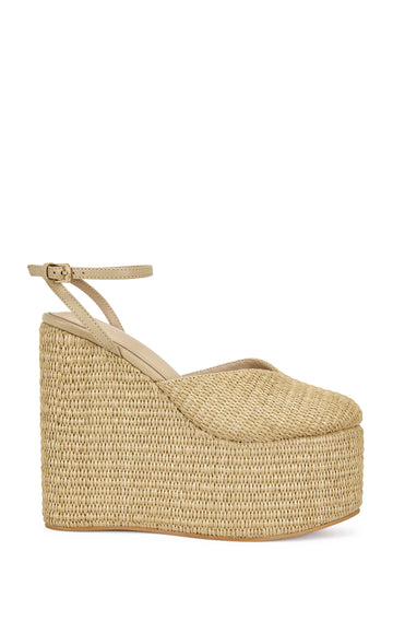 Ultra platform wedge sandals with raffia lining and and adjustable ankle strap closure