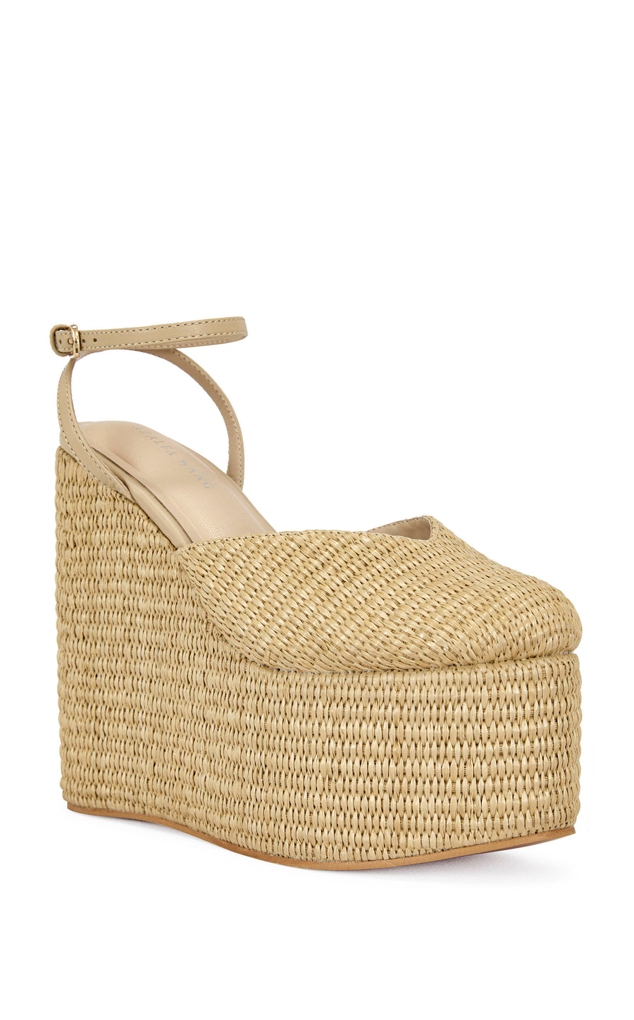 Ultra platform wedge sandals with raffia lining and and adjustable ankle strap closure