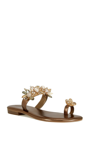metallic brown faux leather flat open toe sandal with an embellished toe and foot strap
