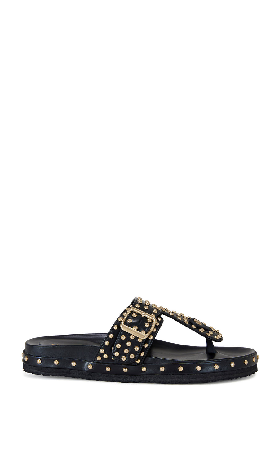 black faux leather slip on flat sandal with a thong strap and gold stud embellishments, finished with a gold belted accent on the upper
