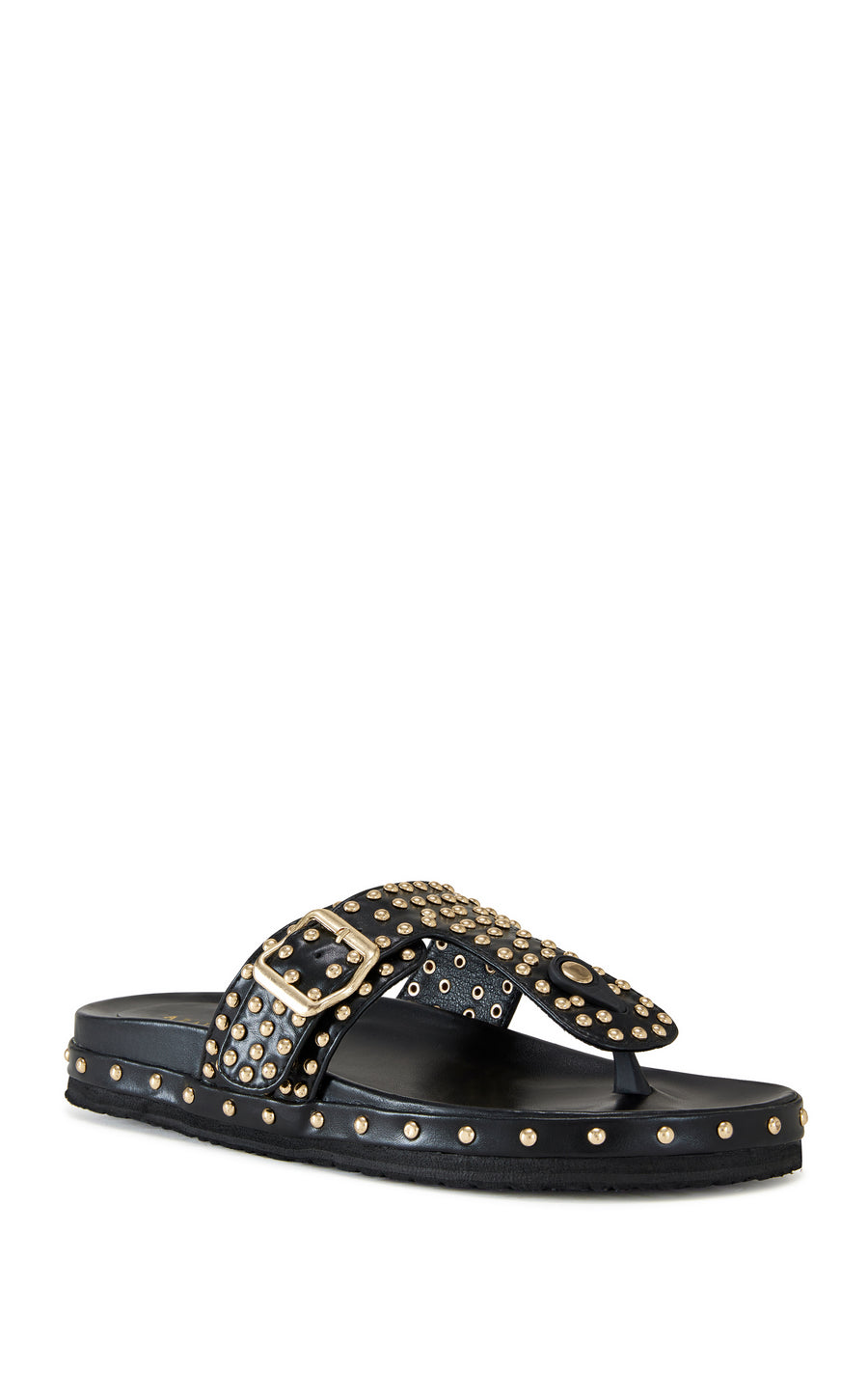 black faux leather slip on flat sandal with a thong strap and gold stud embellishments, finished with a gold belted accent on the upper