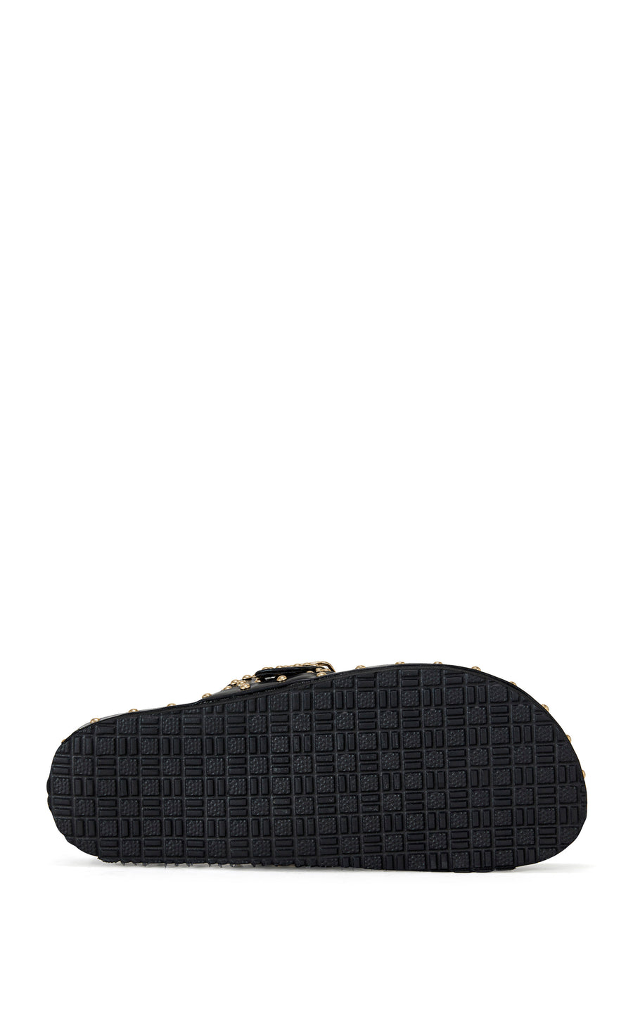 black faux leather slip on flat sandal with a thong strap and gold stud embellishments, finished with a gold belted accent on the upper
