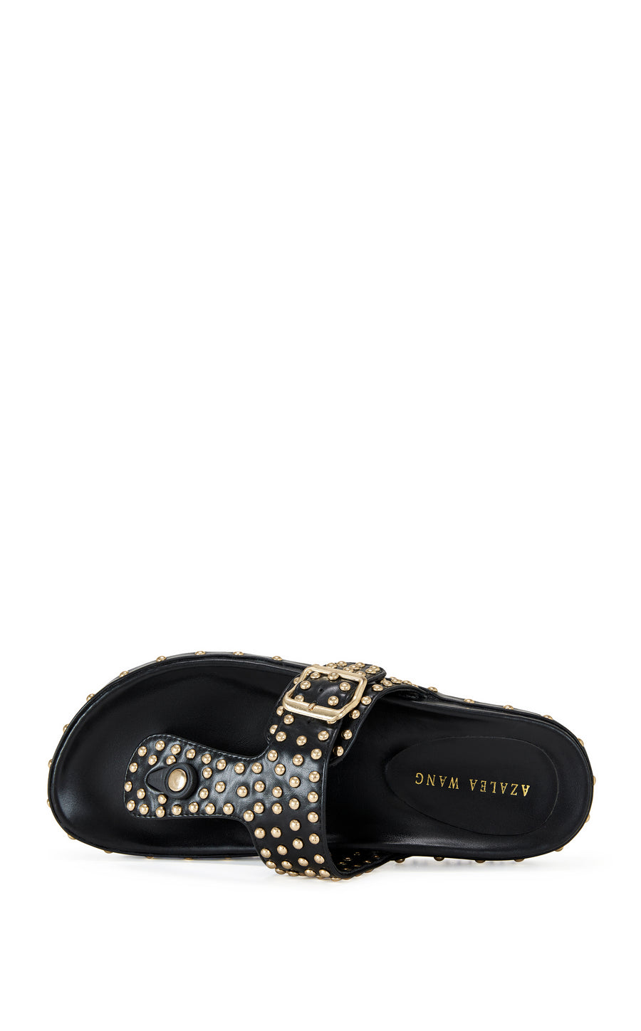 black faux leather slip on flat sandal with a thong strap and gold stud embellishments, finished with a gold belted accent on the upper