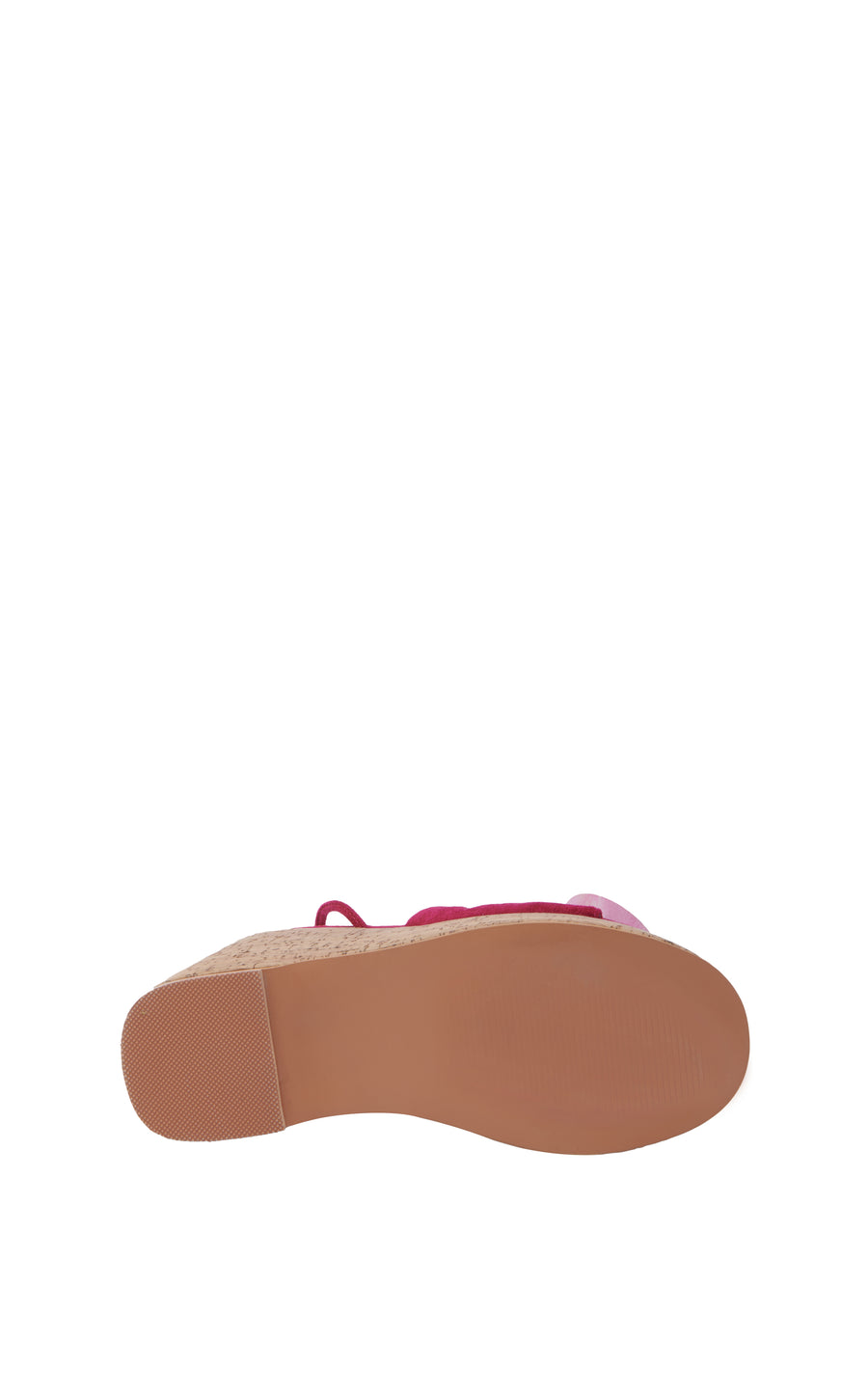 ultra platform heeled wedge sandals with an open toe and fuchsia faux suede upper with an orchid flower accent on the foot strap and two faux suede wrap cords
