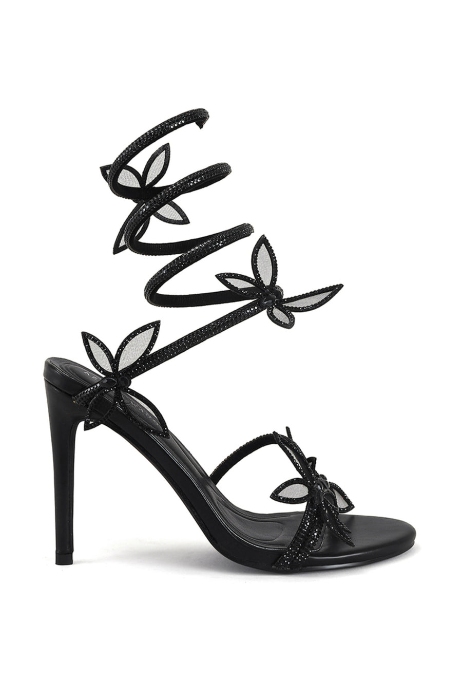 black open toe stiletto heels with black crystal embellished wrap up cords completed with butterfly accents