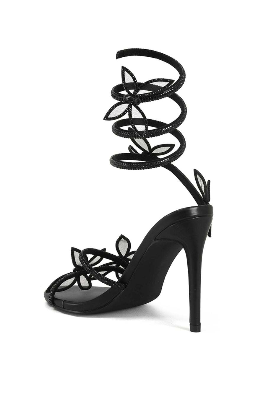 black open toe stiletto heels with black crystal embellished wrap up cords completed with butterfly accents