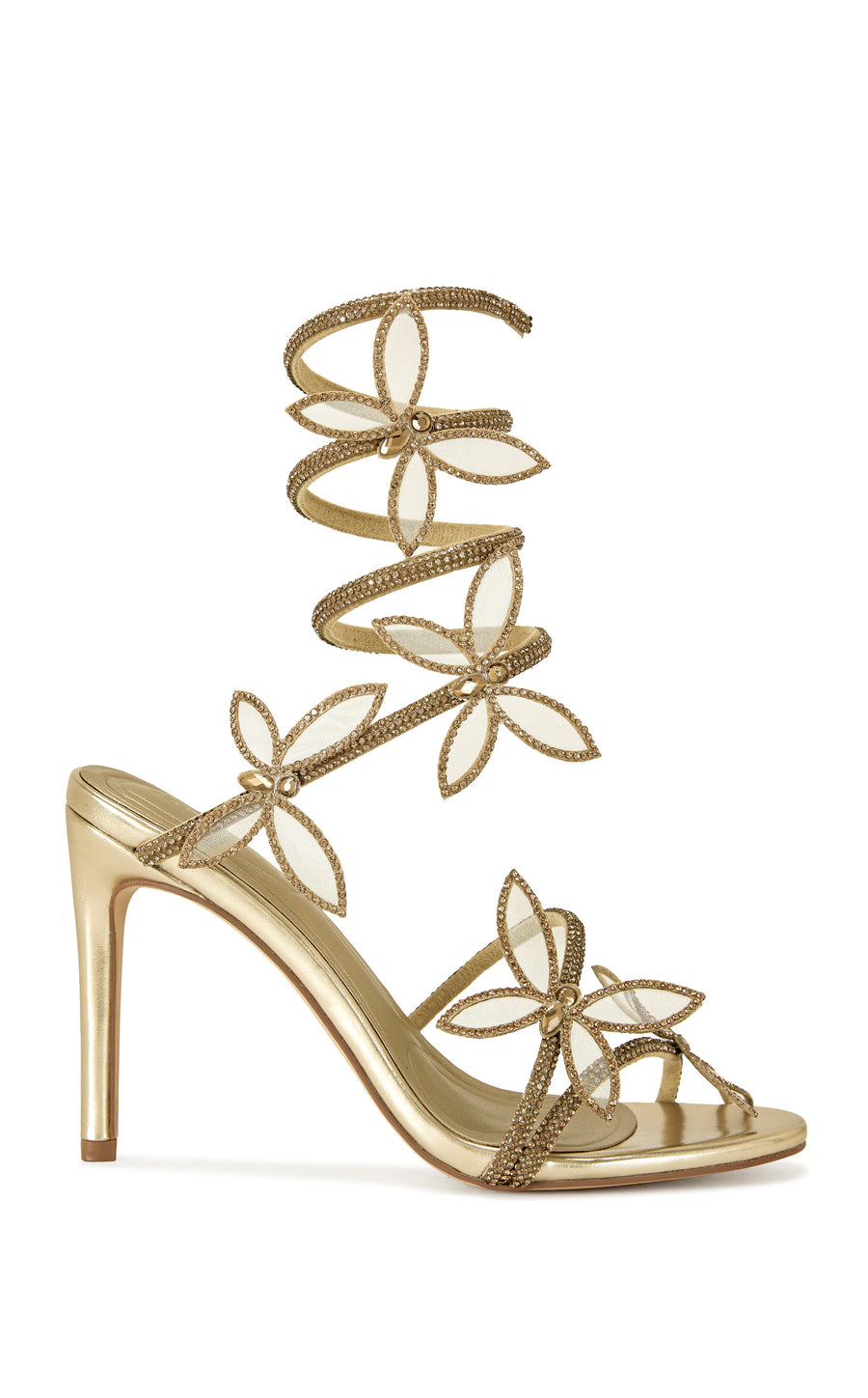 gold faux leather statement open toe stiletto heels with crystal adorned strap and wrap cords finished with butterfly accents 