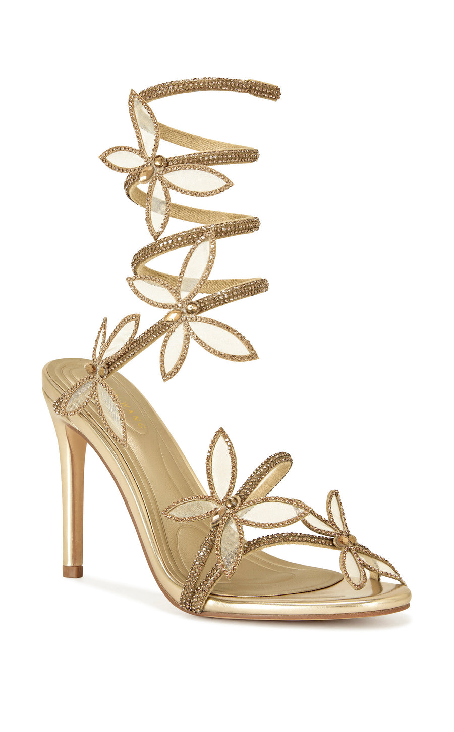 gold faux leather statement open toe stiletto heels with crystal adorned strap and wrap cords finished with butterfly accents 