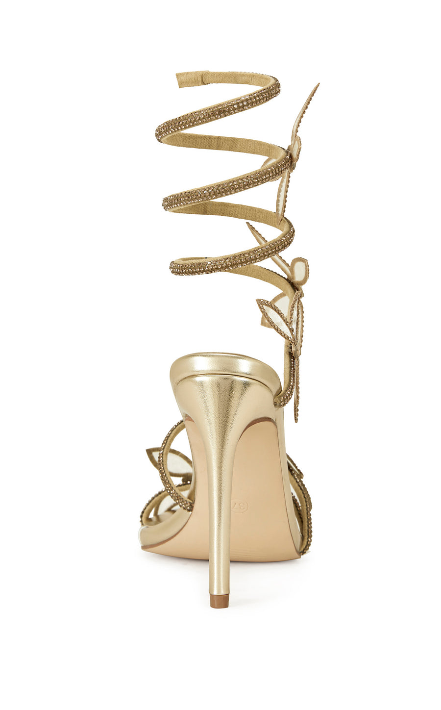 gold faux leather statement open toe stiletto heels with crystal adorned strap and wrap cords finished with butterfly accents 
