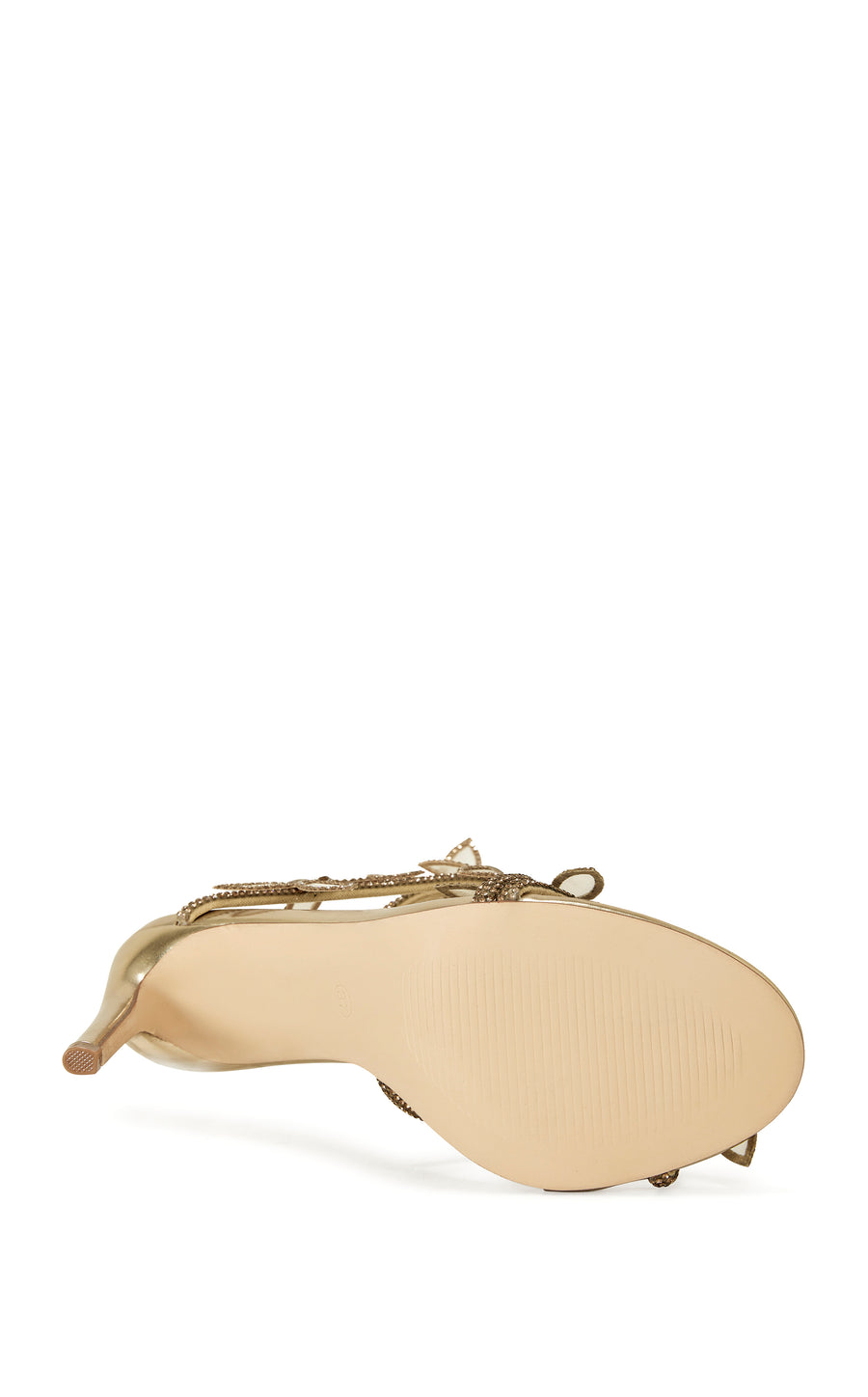 gold faux leather statement open toe stiletto heels with crystal adorned strap and wrap cords finished with butterfly accents 