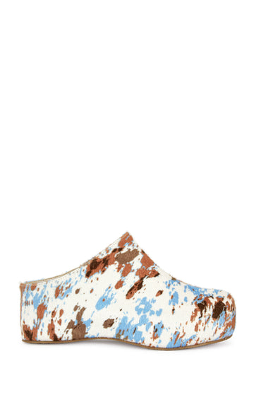 brown and blue cow print faux calf hair slip on flatform clogs