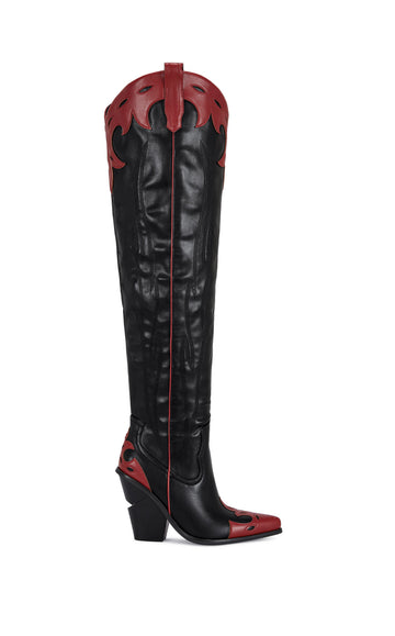 black faux leather thigh high statement western boot with red western pattern and red outer stitching