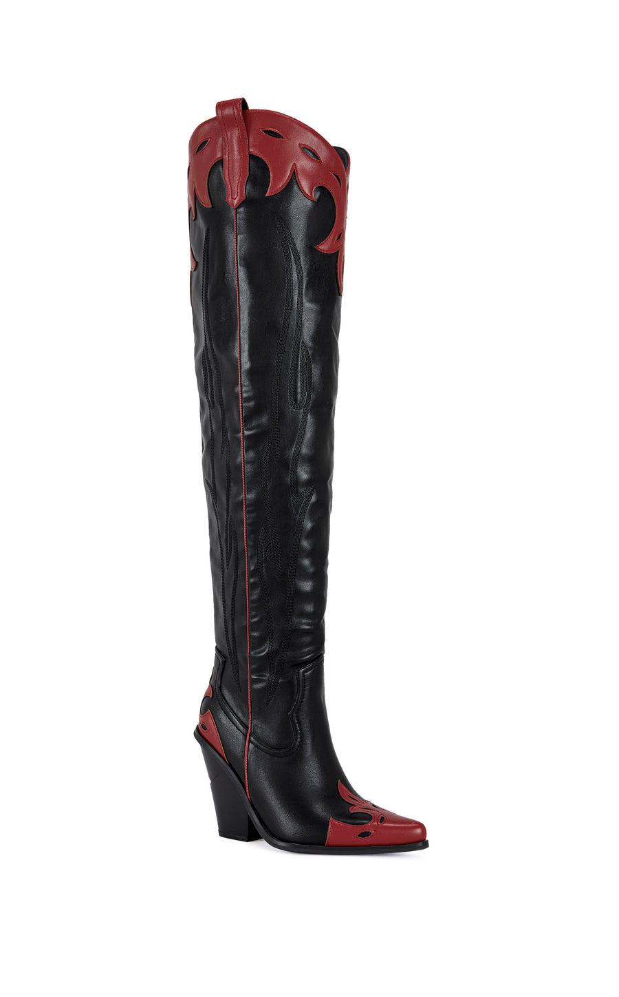 black faux leather thigh high statement western boot with red western pattern and red outer stitching