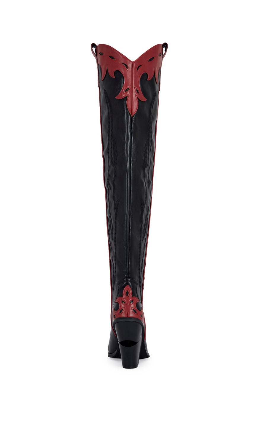 black faux leather thigh high statement western boot with red western pattern and red outer stitching