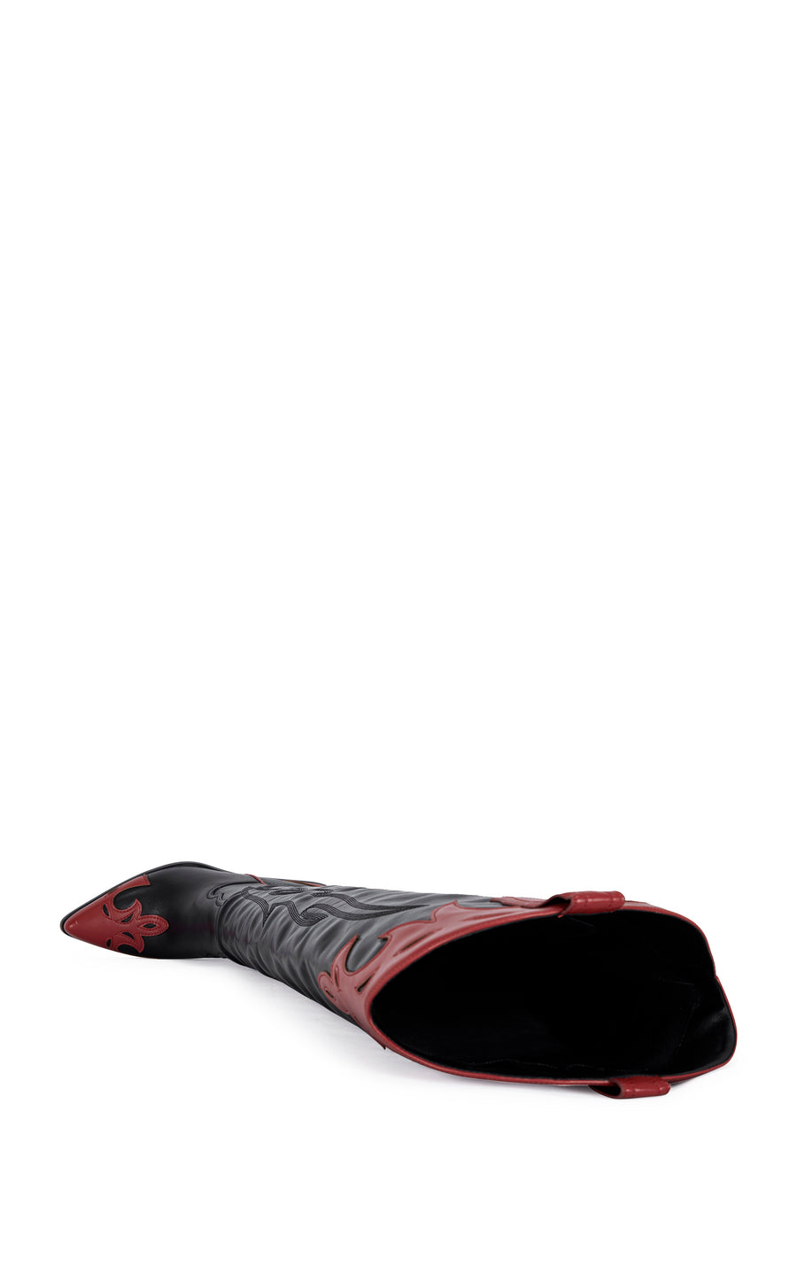 black faux leather thigh high statement western boot with red western pattern and red outer stitching