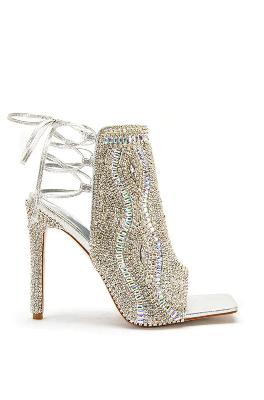 Rhinestone embellished silver crystal open toe stiletto heels
