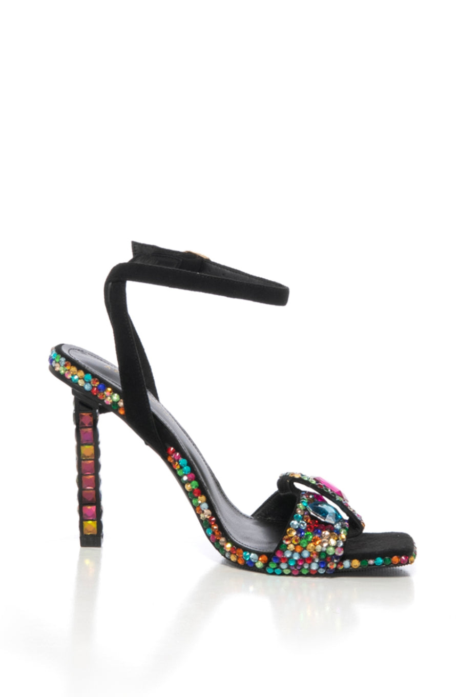 black open toe heeled strappy sandals with an ankle strap and multicolored rhinestone detail