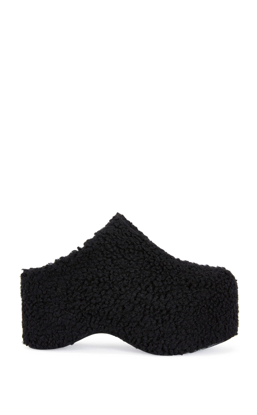 black faux sherpa slip on mule with a  curved platform sole