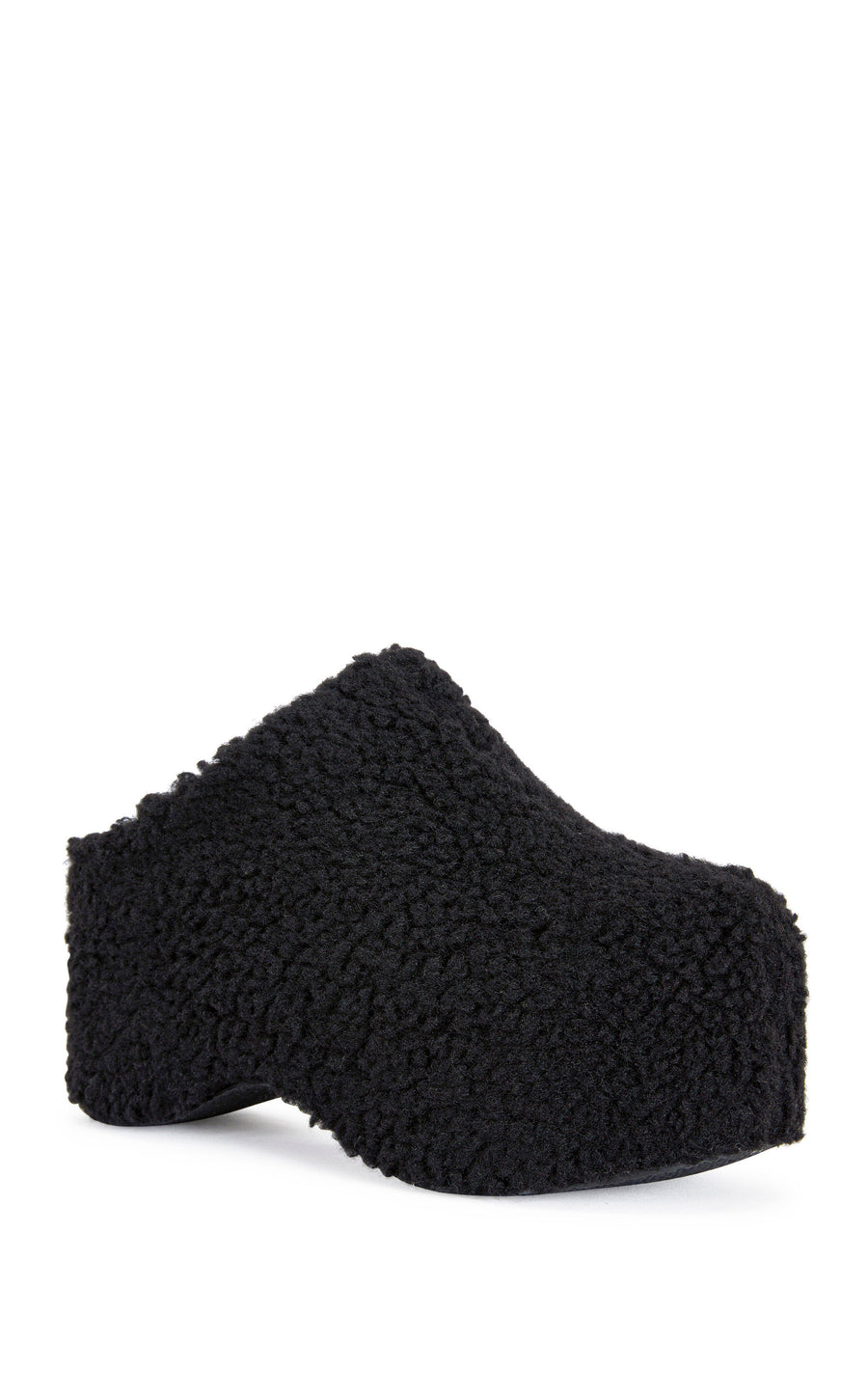 black faux sherpa slip on mule with a  curved platform sole