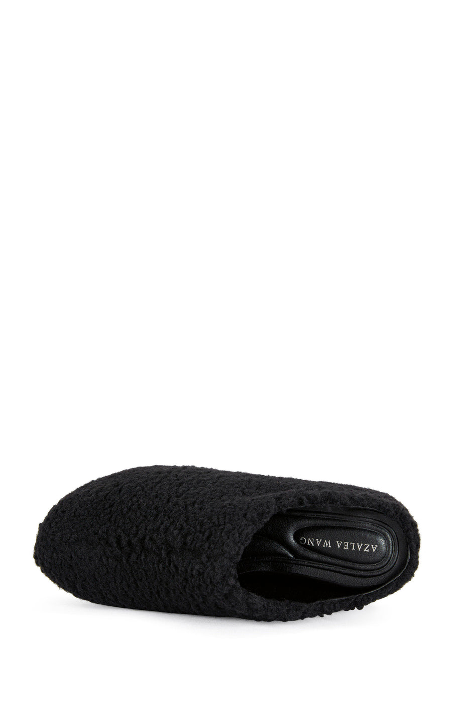 black faux sherpa slip on mule with a  curved platform sole