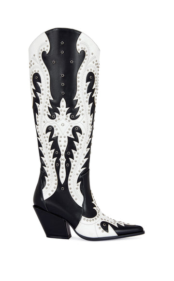 black faux leather statement western knee high boots with circular stud accents and a white faux leather western design on the shaft