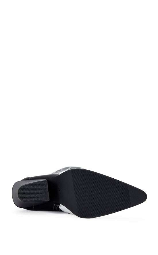 black faux leather statement western knee high boots with circular stud accents and a white faux leather western design on the shaft