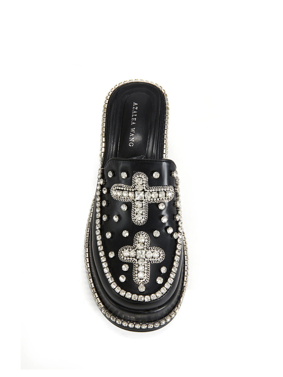 DRIVEFAST-BLACK CROSS ENCRUSTED FLATFORM CLOG