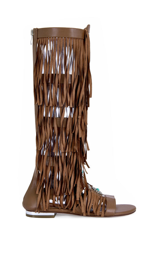 DUSTINE-BROWN FRINGE GLADIATOR FLAT SANDAL
