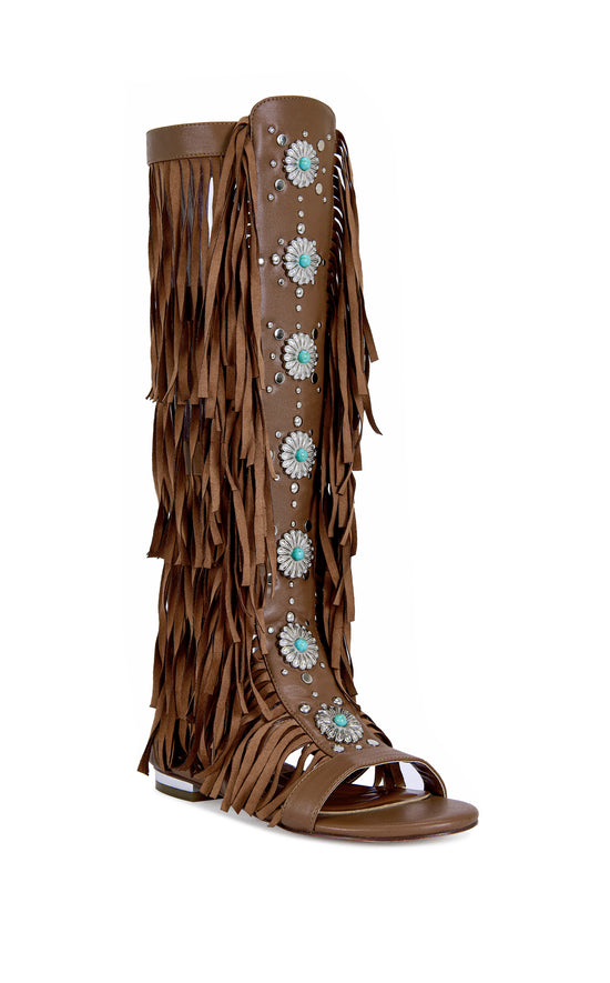 DUSTINE-BROWN FRINGE GLADIATOR FLAT SANDAL