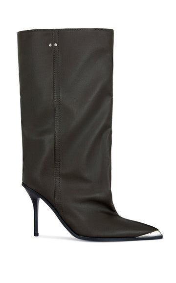 brown faux leather statement boots with a mid calf length shaft, a silver toe cap, and a sleek black stiletto heel