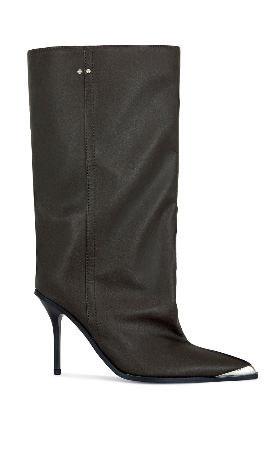 brown faux leather statement boots with a mid calf length shaft, a silver toe cap, and a sleek black stiletto heel