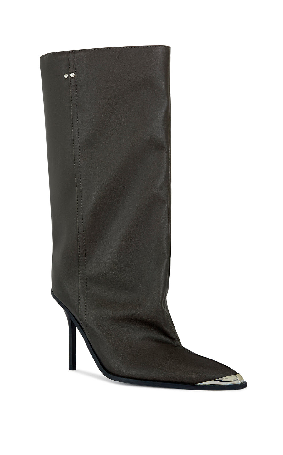 brown faux leather statement boots with a mid calf length shaft, a silver toe cap, and a sleek black stiletto heel